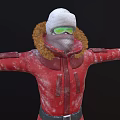 Woman In Red Coat White Hat Fur Collar Arms Outstretched Front Side View