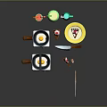Fresh Fried Eggs in Frying Pans with Green Drinks Cake on Yellow Plate and Knives