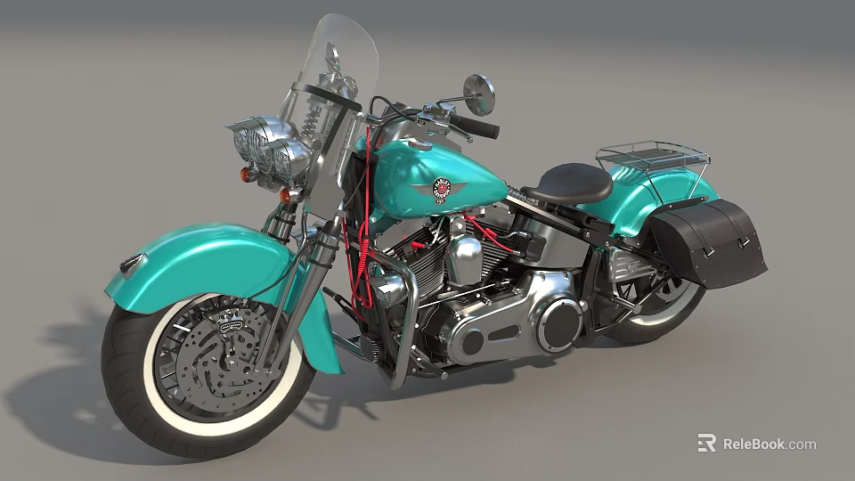 Classic Turquoise Motorcycle With Windshield Black Seat Chrome Details And Saddlebags 3d model 