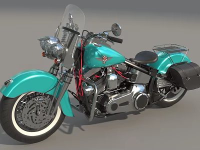 Classic Turquoise Motorcycle With Windshield Black Seat Chrome Details And Saddlebags 3d model