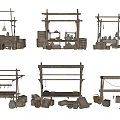 Ancient Workshop Wooden Racks With Traditional Tools Barrels And Workbenches 3d model