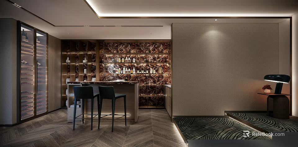 Home Theater Interior With Wall Of Wine Bottles Bar Counter And Black Chairs 3d model 