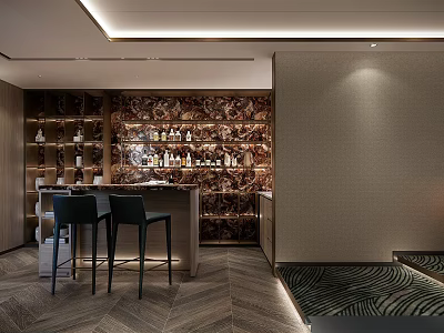 Home Theater Interior With Wall Of Wine Bottles Bar Counter And Black Chairs 3d model