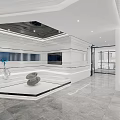 Modern Front Desk Reception Area With White Desk Marble Floor Blue Mannequin And Ceiling Lighting