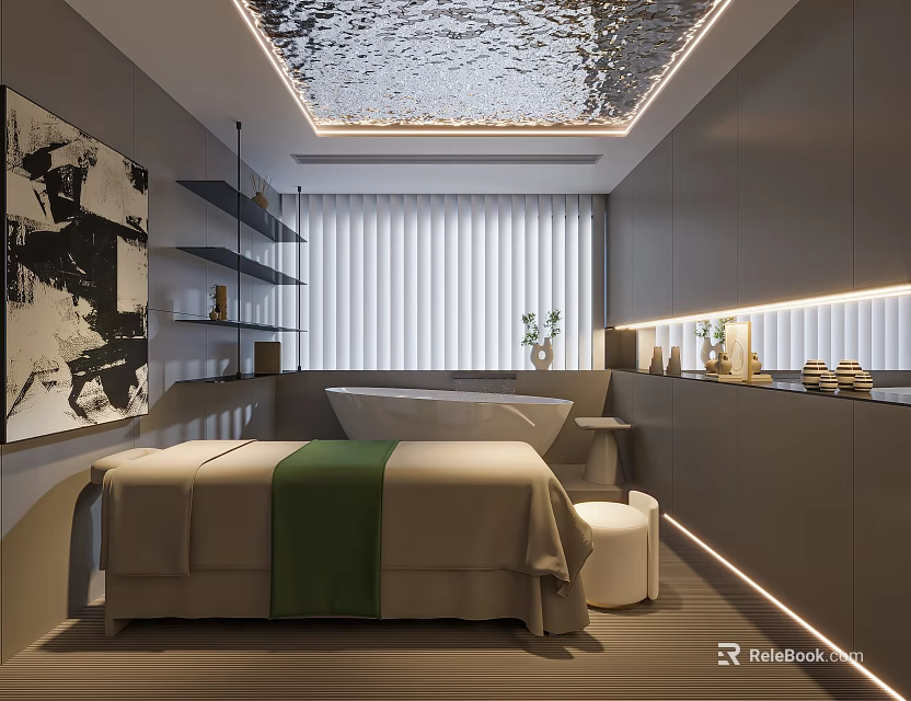 Modern SPA Sauna Room With Massage Bed Green Towel Gray Walls And Textured Ceiling 3d model 
