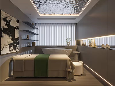 Modern SPA Sauna Room With Massage Bed Green Towel Gray Walls And Textured Ceiling 3d model