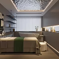 Modern SPA Sauna Room With Massage Bed Green Towel Gray Walls And Textured Ceiling
