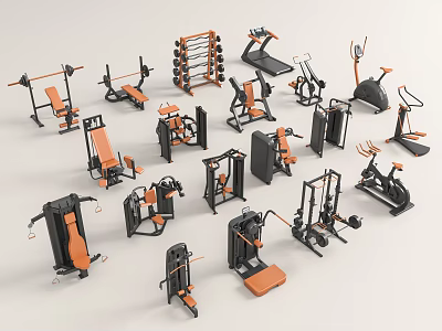 Black and Orange Fitness Equipment With Barbells Weight Benches Elliptical Machines and Dumbbell Racks 3d model