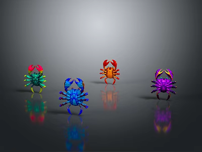 Four Colorful Crab Models in Green Blue Red Purple with Reflection on Gray Gradient Surface 3d model