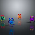 Four Colorful Crab Models in Green Blue Red Purple with Reflection on Gray Gradient Surface
