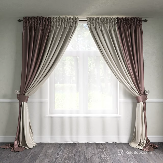 Elegant Brown and Beige Velvet Pleated Double Layer Curtains with Tiebacks for Window Indoor Decor 3d model 