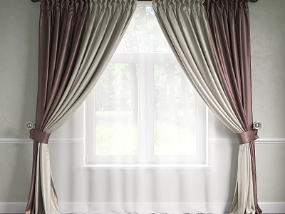 Elegant Brown and Beige Velvet Pleated Double Layer Curtains with Tiebacks for Window Indoor Decor 3d model