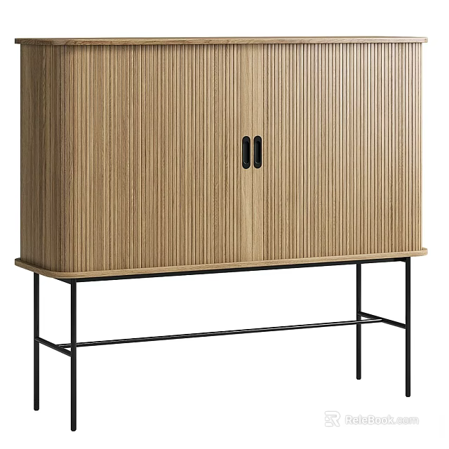 Modern Wooden Cabinet With Vertical Ribbed Design And Black Metal Legs 3d model 