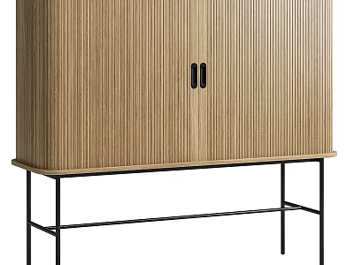 Modern Wooden Cabinet With Vertical Ribbed Design And Black Metal Legs 3d model