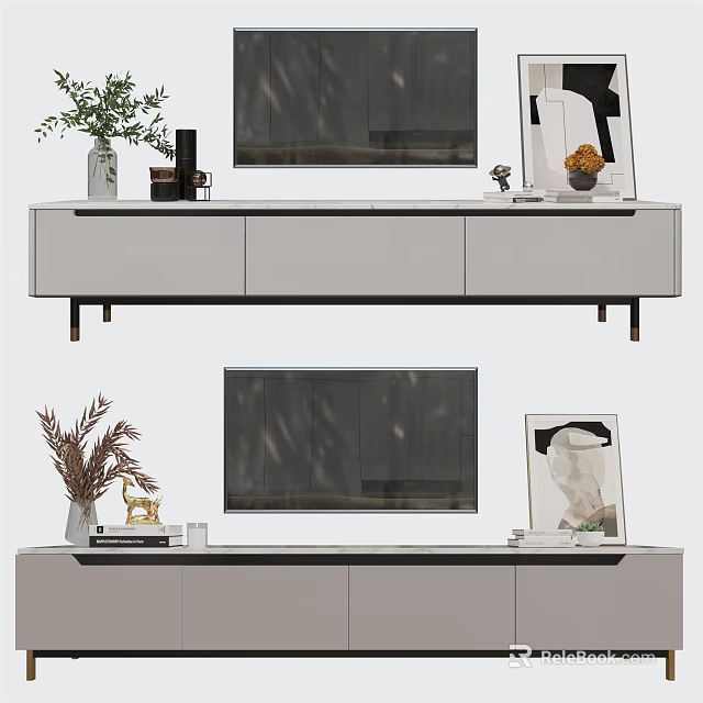 Modern TV Stand With Sleek Design Decorative Plants Picture Frame And TV 3d model 
