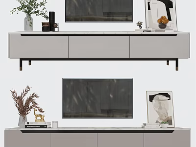 Modern TV Stand With Sleek Design Decorative Plants Picture Frame And TV 3d model