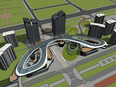 Modern Office Building Complex With Curved Design And Surrounding Green Areas 3d model