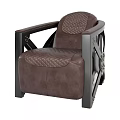 Modern Industrial Single Sofa With Quilted Brown Leather Cushion Black Wooden Frame And Brass Rivets