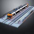 Orange and white passenger train on railway platform with multiple carriages and rail tracks