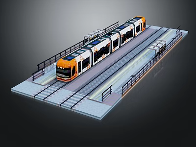 Orange and white passenger train on railway platform with multiple carriages and rail tracks 3d model