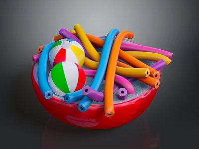 Assorted Colorful Inflatable Beach Toys And Tubes In Red Container 3d model