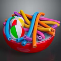 Assorted Colorful Inflatable Beach Toys And Tubes In Red Container