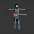 Woman With Dreadlocks In Blue Denim Shirt Jeans Holding Red Guitar Arms Outstretched Gray Background
