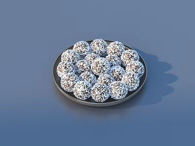 Delicious Chocolate Balls Coated With White Coconut Flakes On Dark Plate 3d model