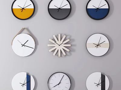 Modern Wall Clocks with Various Designs and Colors Hanging on Grey Wall for Home Decor 3d model