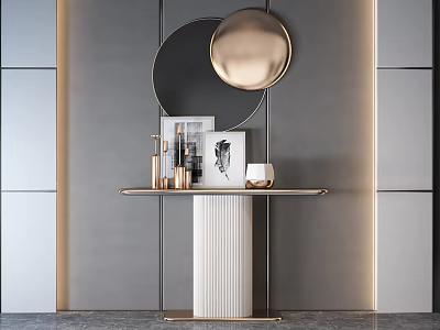Modern Console Table With Round Mirrors White Pedestal And Decorative Items 3d model