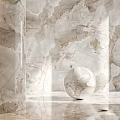 Marble Sphere Component In Modern Interior With Natural Stone Wall And Polished Floor Surface 3d model