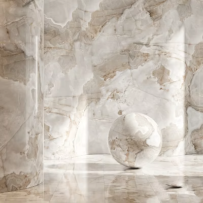 Marble Sphere Component In Modern Interior With Natural Stone Wall And Polished Floor Surface 3d model