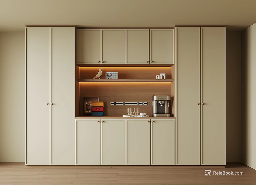 Modern Light Colored Sideboard With Open Shelf LED Lighting And Coffee Machine 3d model