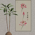 Traditional Chinese Plant Painting With Pink Lotus Flowers And Green Plant Wall Decor