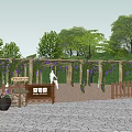 Garden Landscape With Wooden Pergola Purple Vines Flowers People Under Gravel Ground Green Grass