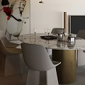 Modern Restaurant Dining Area With Round Marble Table Chairs Pendant Lights And Wall Art