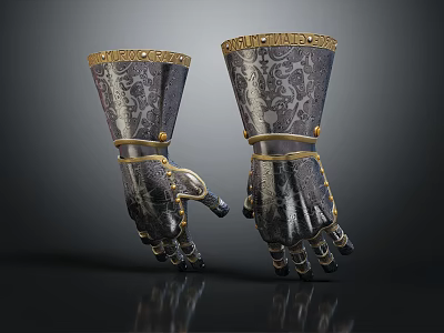 Medieval Armor Gauntlets With Ornate Design Gold Trim And Intricate Patterns 3d model