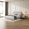 Gray Leather Double Bed with White Sheets Gray Blanket Nightstand Lamp Wooden Floor Wall Art