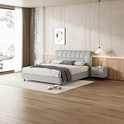 Gray Leather Double Bed with White Sheets Gray Blanket Nightstand Lamp Wooden Floor Wall Art 3d model
