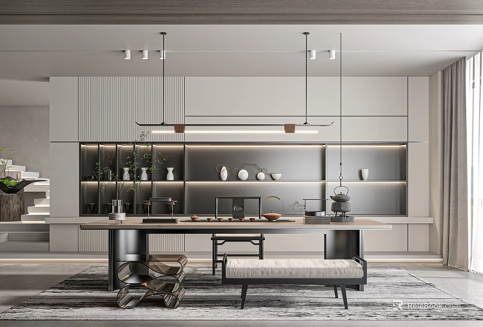 Modern Tea Room Interior Featuring Tea Table Tea Sets Hanging Lights And Decorative Plants 3d model