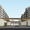 Modern Entrance Gate With Canopy And Landscaped Trees Near High Rise Building