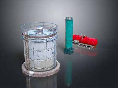 Industrial Equipment Including Large Silver Cylindrical Storage Tank Tall Green Vertical And Red Horizontal Tanks 3d model