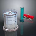 Industrial Equipment Including Large Silver Cylindrical Storage Tank Tall Green Vertical And Red Horizontal Tanks