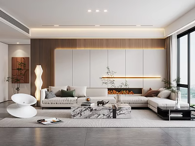 Modern Living Room Interior With Large Sofa Marble Coffee Table And Floor to Ceiling Windows 3d model