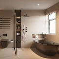 Modern Bathroom Interior Design With Bathtub Wall-Mounted Toilet And Vanity Mirror