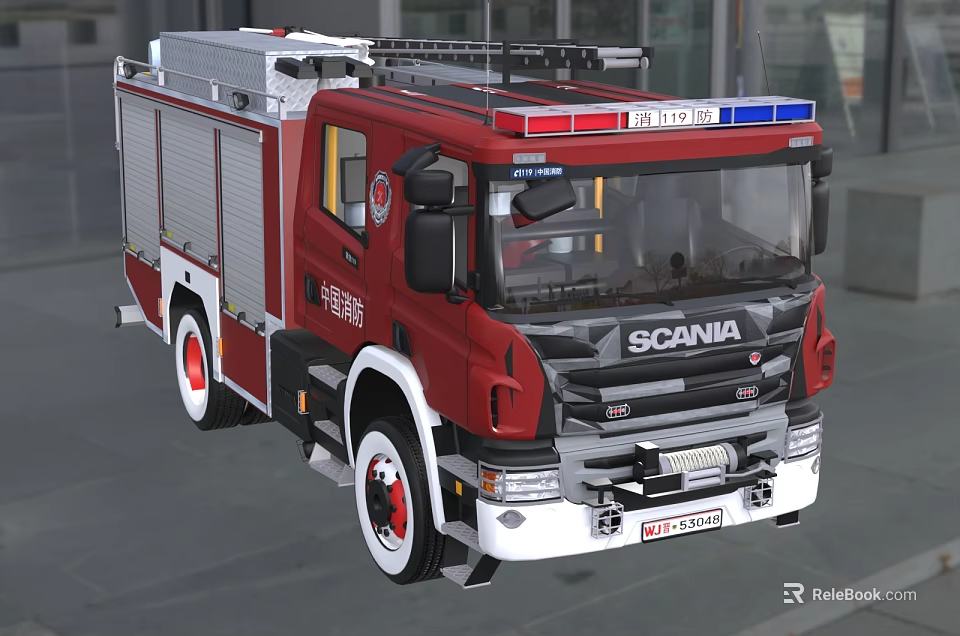 Red Scania Functional Fire Truck With Emergency Lights And Rescue Features 3d model 