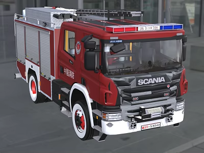 Red Scania Functional Fire Truck With Emergency Lights And Rescue Features 3d model