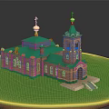 Historic Red Brick Architecture With Green Roof Golden Domes Tower And Arched Doorway
