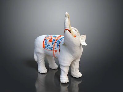 White Elephant Ceramic Figurine With Blue And Red Decorative Patterns And Raised Trunk 3d model