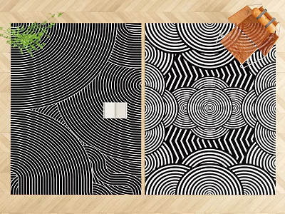 Modern Decorative Square Rugs With Black And White Geometric Circular Wave Patterns 3d model